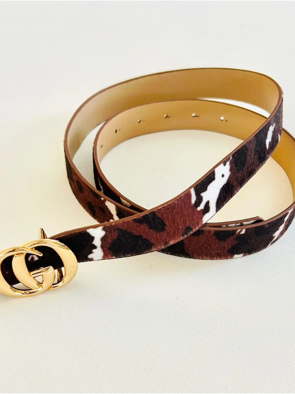 noir Cow Print Belt Gold GG Style Buckle Brown Western Boho Statement L/XL NWOT